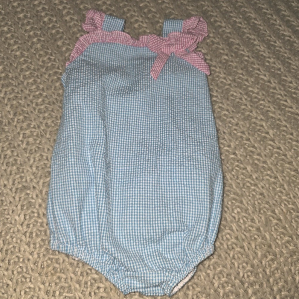 Petit Pomme Girls 12 months Blue & Pink Aqua Seer Sucker Bubble Sunsuit Romper